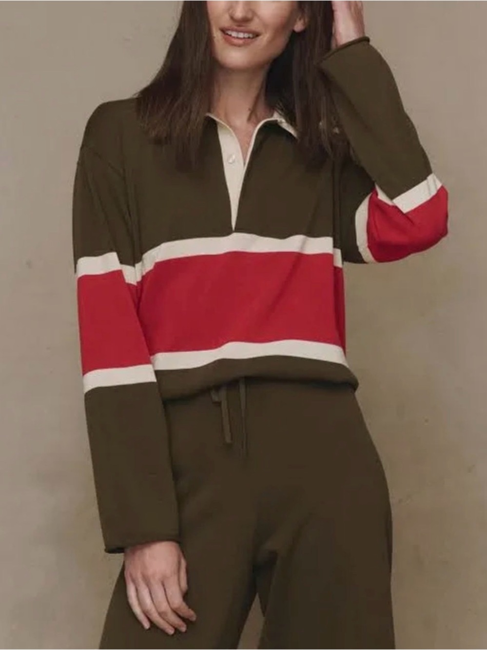 The Great. The Rugby Sweater In Army with Hot Red Stripe Size 2 100% Cotton EUC